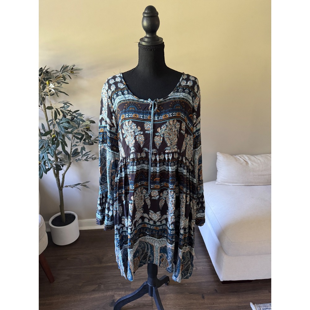 One World Womens L Paisley Medallion Boho Babydoll Bell Sleeve Tunic Dress Blue